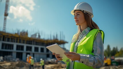 Wall Mural - confident female engineer in a white helmet and a green reflective vest is overseeing the operation