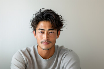 Close-up of a thoughtful young trans masculine Asian man with tousled hair, wearing a light gray shirt, showcasing a natural and relaxed look against a soft, neutral background.