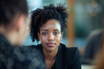 Wall Mural - Young black businesswoman in focus during office meeting