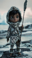 A young indigenous child dressed in traditional Arctic clothing, holding a spear in a snowy, icy environment