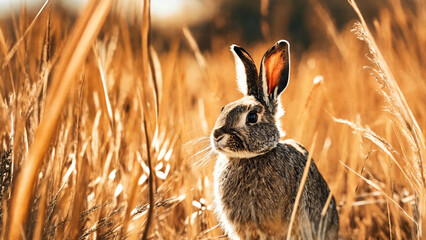 A rabbit in the dried brown tall grass due to drought in a sunny afternoon, widescreen 16:9, 300 dpi, with space for text