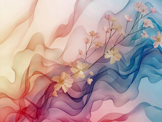 Wall Mural - A colorful painting of a flowery tree with pink and blue petals. The painting has a dreamy, whimsical feel to it, with the colors blending together in a way that creates a sense of movement