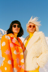 Wall Mural - Two women wearing orange and yellow coats pose for a photo