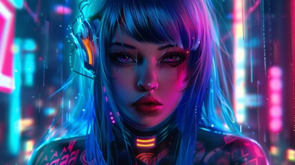 Wall Mural - Beautiful cyberpunk cyborg girl on blur city background