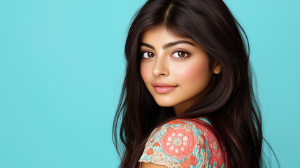 Portrait of a beautiful young woman with long dark hair, wearing a colorful top, posing against a vibrant blue background