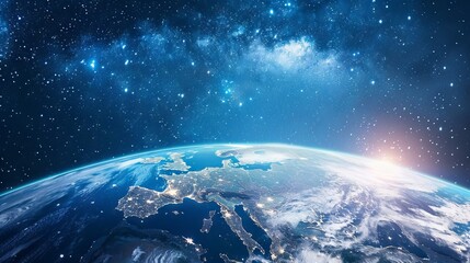 Wall Mural - Background of earth from space with a blue sky and stars.