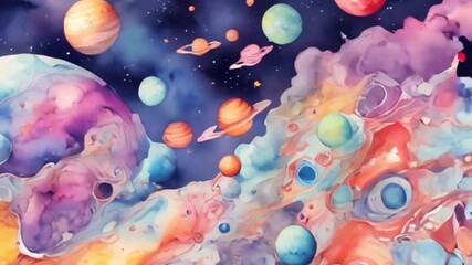 Wall Mural - Watercolor abstract cute outerspace doodle background, motion