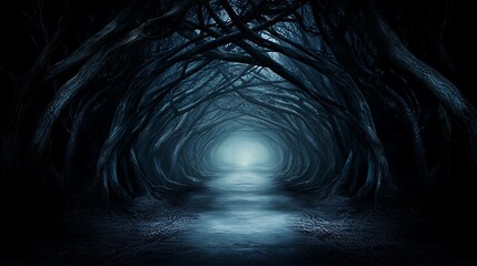 Wall Mural - abstract dark forest scene with swirling shadows and ghostly figures, a twisted pathway leading into