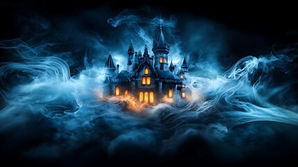 Wall Mural - surreal floating castle with glowing windows, surrounded by ghostly apparitions and swirling mist, a