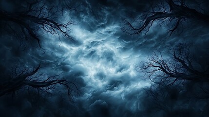 Wall Mural - Ominous storm clouds swirling above a haunted forest, abstract shapes forming eerie faces in the sky, a spooky and surreal Halloween atmosphere, copy space for text,