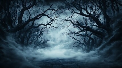 Wall Mural - abstract dark forest with trees forming twisted, ghostly figures, eerie mist creeping through the la