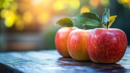 Wall Mural - Fresh Red Apples with Green Leaf on Wooden Table.