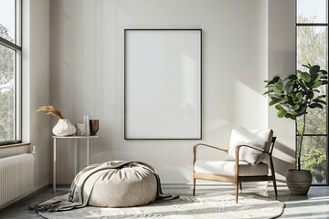 Aufkleber - Living room interior with empty frame on wall, armchair, and decorative items