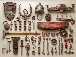 A collection of various items, including a boat, a sword, and a helmet, are displayed on a wall. The items are arranged in a way that creates a sense of chaos and disarray