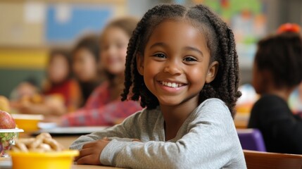 Happy School Girl Sitting at a Desk.