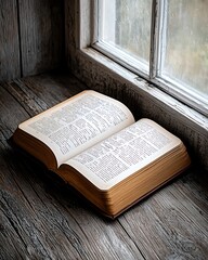 Wall Mural - A vintage-style book with a rich brown cover, lying open to reveal beautifully aged pages, natural light streaming from a nearby window, taken with a Canon EOS R5 II and a 50mm f/1.2 lens, copy space