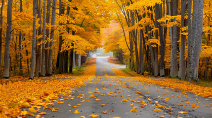 Two rows of maple forests along the road, with yellow maple leaves scattered on the ground