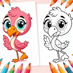 Wall Mural - Cute pink cartoon flamingo drawing and its black-and-white outline version surrounded by vibrant color pencils, ready for kids' coloring fun.