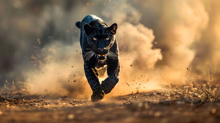 Wall Mural - powerful black leopard sprinting across dirt road amid swirling dust storm in dramatic natural setti