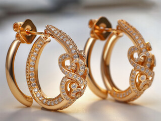 Wall Mural - A pair of gold earrings with diamonds and a design of a heart. The earrings are on a white surface