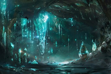 Wall Mural - Ice cave with icicles and rays of light