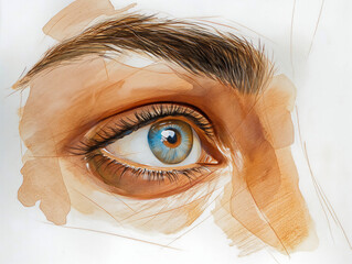 Sticker - A close up of a woman's eye with a blue iris. The eye is surrounded by a brownish tint, giving it a warm and inviting appearance. The blue iris contrasts beautifully with the brownish tint