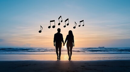Wall Mural - a silhouette of a couple holding hands, walking along a beach at sunset, musical notes flowing throu
