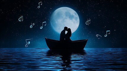 Wall Mural - A couple on a boat ride at twilight, the moon reflecting off the water, holding each other close while music notes float around, copy space for text,
