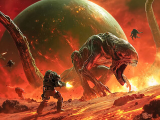 A man is fighting a monster on a planet. The monster has a huge mouth and is surrounded by fire