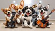© naphat - A group of animated dogs playing instruments in a band on a bright stage, spotlight effects, cheerful mood, cartoon-style, copy space for text,