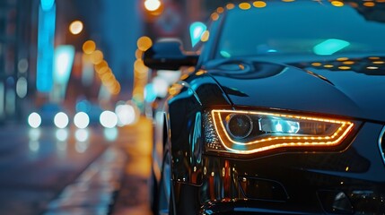 Detailed image of luxury car headlights on city street at night blurred