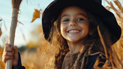 2 Child in a witch costume holding a broomstick, smiling.