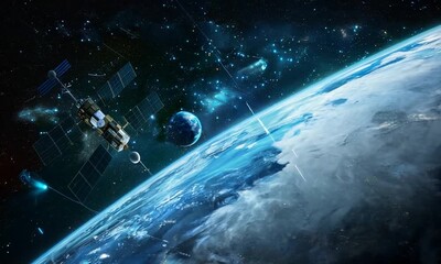 Wall Mural - Earth from Space with Satellite and Meteor Showers