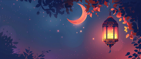 Poster - Night Sky with Crescent Moon and Lantern