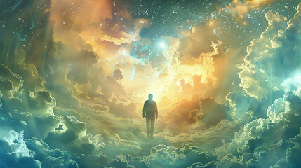 Poster - A lone figure walks towards the celestial light in a dreamlike landscape