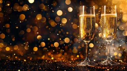 Two Champagne Flutes with Golden Bokeh Background