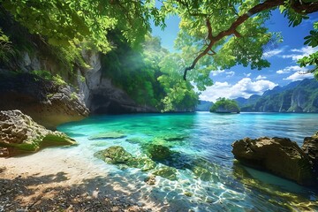 Wall Mural - Beautiful beach with turquoise water and rocks