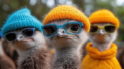 a bunch of vibrant ostriches decked out in bright caps and sunglasses. The ostriches are arrayed in a row, with some donning blue hats and others donning yellow ones.