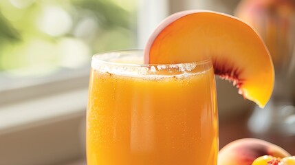  A glass of fresh peach juice with a peach slice on the rim 