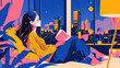 © Hamupata - 読書をしながら夜景と満月を見る女性