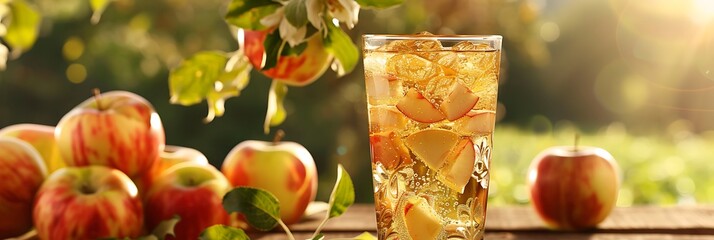 Wall Mural -  A tall glass of apple juice with a clear, golden hue 