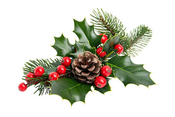 christmas decoration of holly berry and pine cone