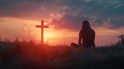 Canvas Print - Woman Silhouetted Against Sunset with a Cross