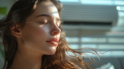 Wall Mural - Woman with closed eyes and hair blowing in the wind