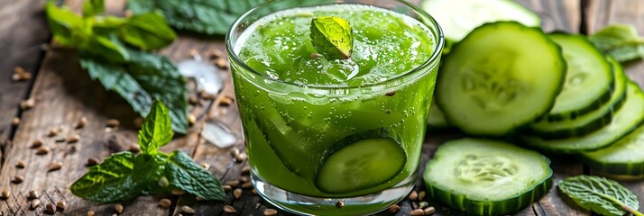  A glass of cucumber juice with cucumber slices and mint leaves 