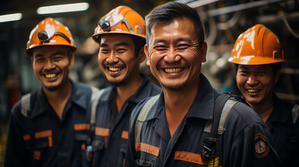 Wall Mural - Candid happy group of worker happy and laugh white Refinery oil industry background ,generative ai