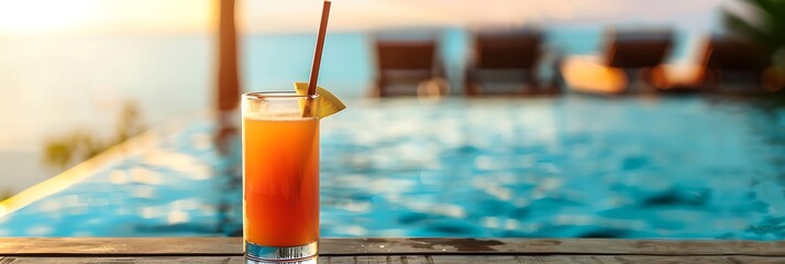 Wall Mural -  A glass of juicy juice with a straw, placed on a poolside table with a view of the water 