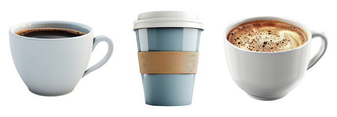 Coffee cups set isolated on transparent background with various types of hot beverages