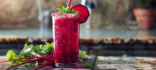 Wall Mural -  A tall glass of beet juice with a beet slice on the rim 