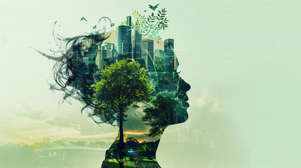 Wall Mural - Woman Silhouette with City and Nature